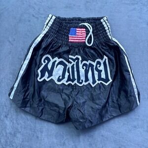 Vintage Muay Thai Kickboxing Shorts Black White Thai Script MMA USA Flag Mens S